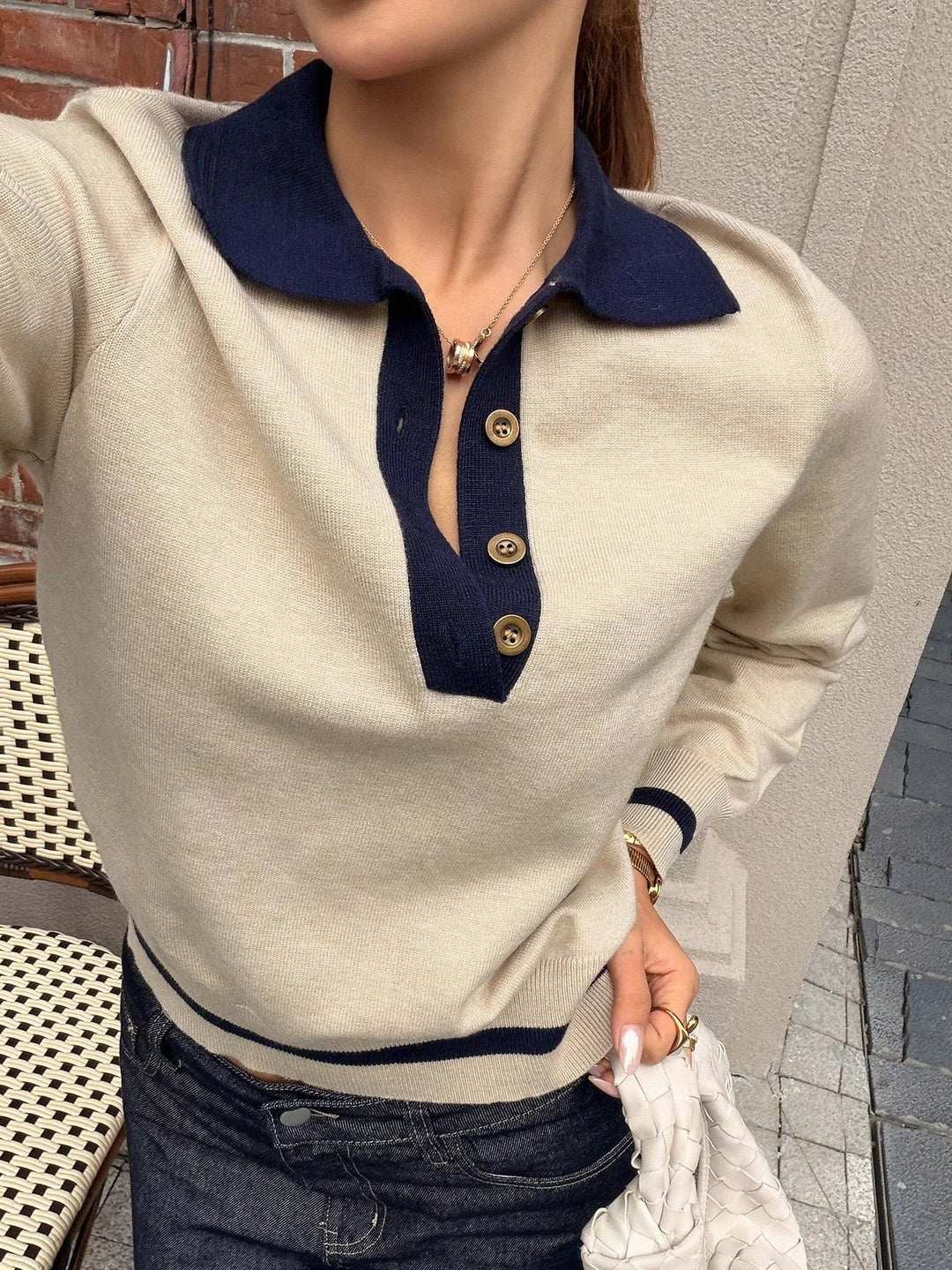 Women's Colour Block Knit Polo Top with Button Placket - photo 4
