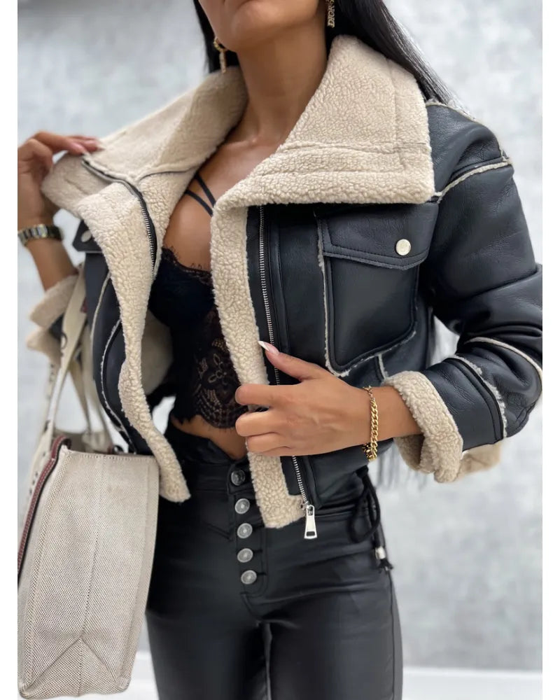 Women's Colour Block Zip-Front Biker Jacket with High Waist - photo 2