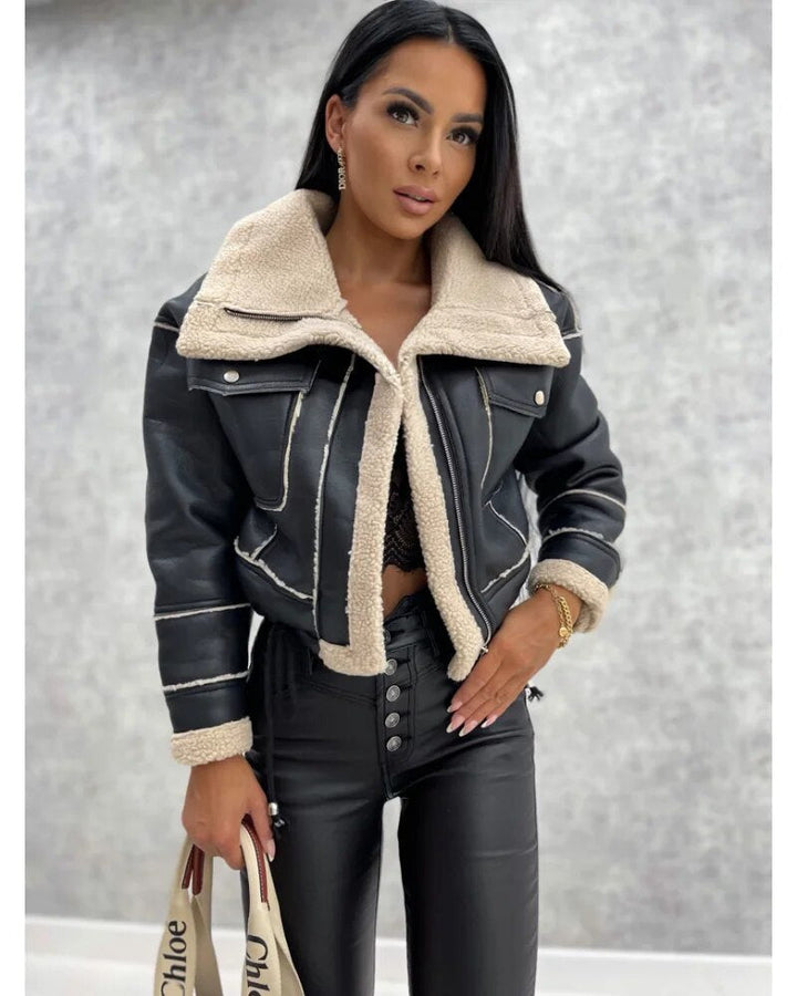 Women's Colour Block Zip-Front Biker Jacket with High Waist - photo 4