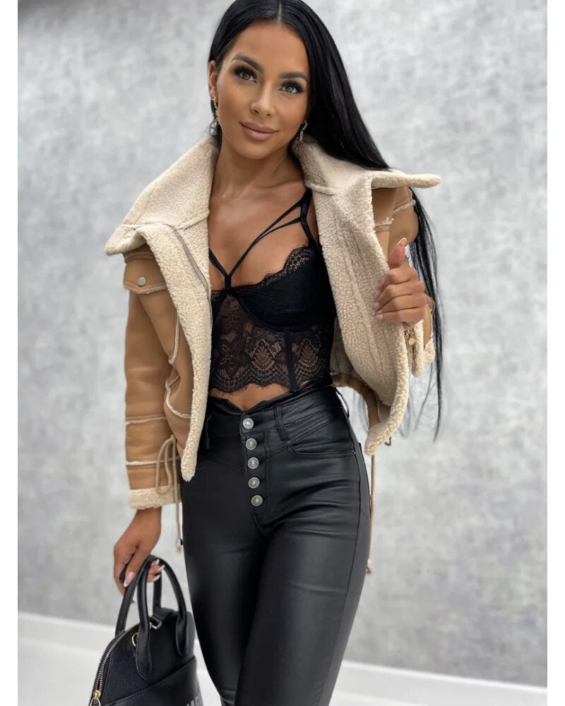 Women's Colour Block Zip-Front Biker Jacket with High Waist - photo 5