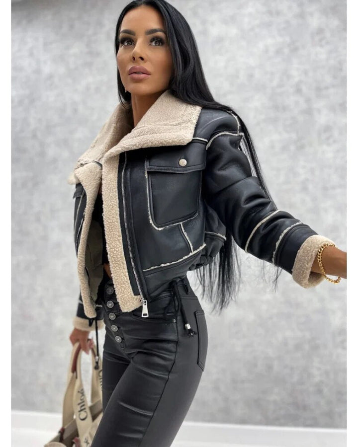 Women's Colour Block Zip-Front Biker Jacket with High Waist - photo 7