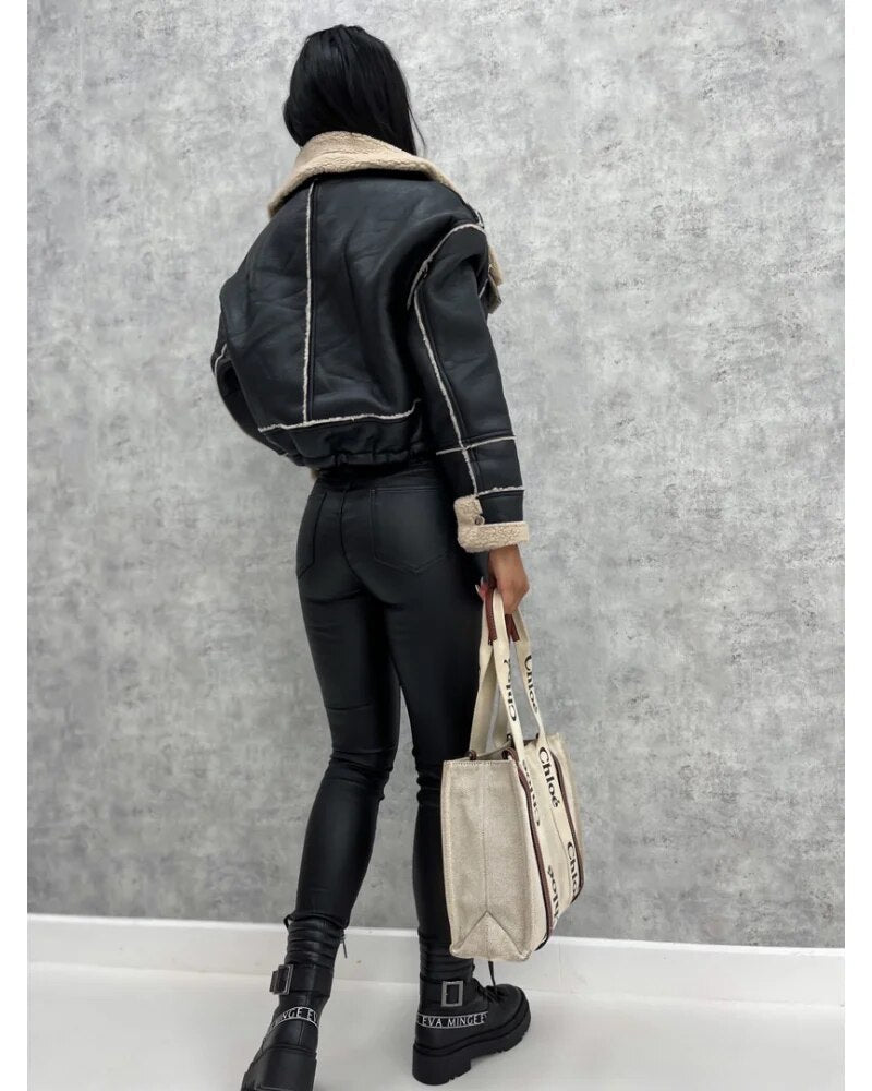 Women's Colour Block Zip-Front Biker Jacket with High Waist - photo 8