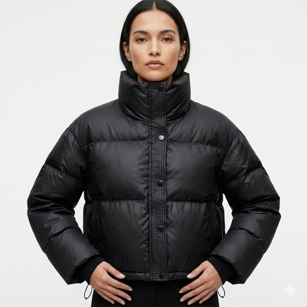 Women's Cropped Puffer Jacket with Stand Collar and Snap Front - photo 1