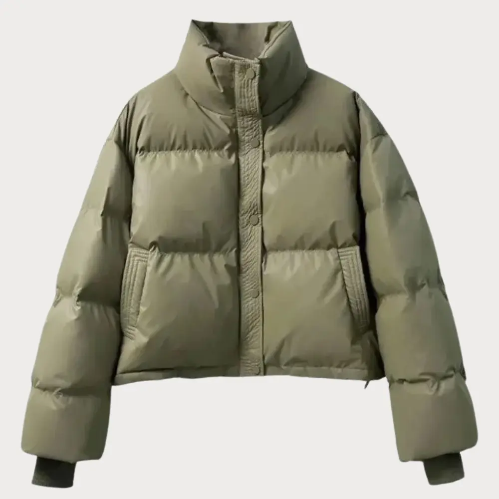 Women's Cropped Puffer Jacket with Stand Collar and Snap Front - photo 2