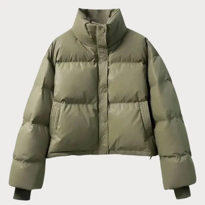 Women's Cropped Puffer Jacket with Stand Collar and Snap Front - photo 2