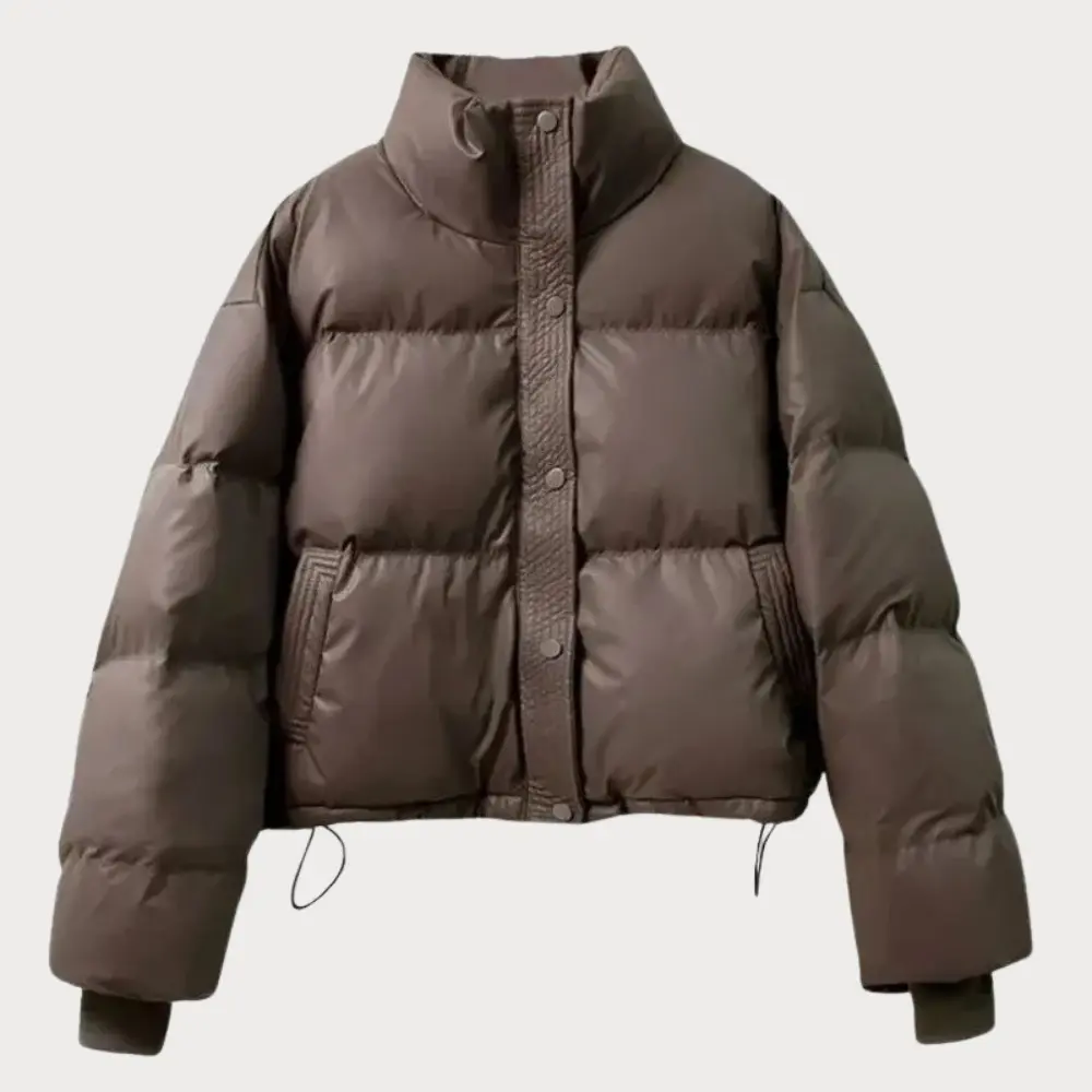 Women's Cropped Puffer Jacket with Stand Collar and Snap Front - photo 3