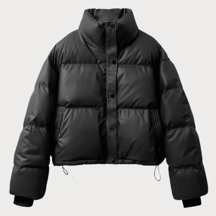 Women's Cropped Puffer Jacket with Stand Collar and Snap Front - photo 5