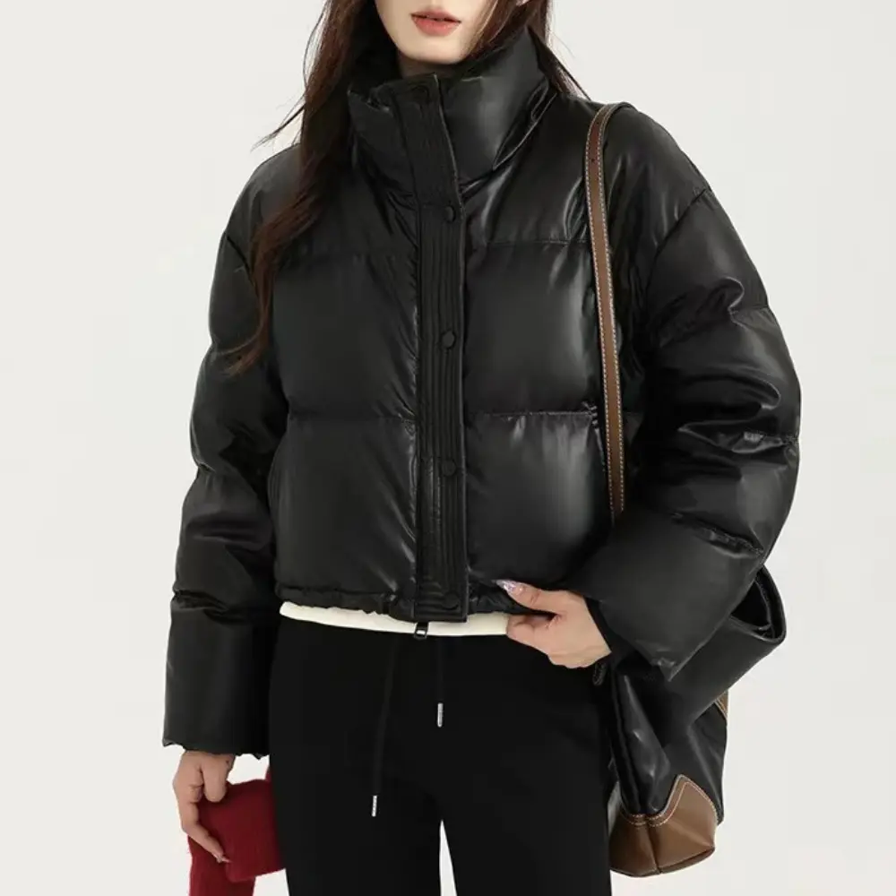 Women's Cropped Puffer Jacket with Stand Collar and Snap Front - photo 6