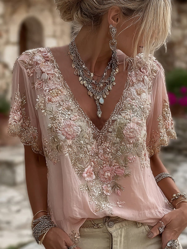 Women's Embroidered V-Neck Blouse - photo 1