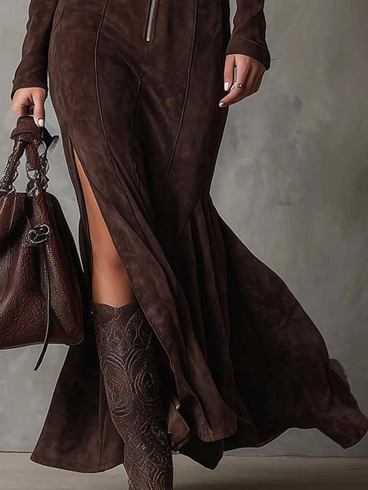 Women's Fitted Zip-Front Maxi Dress with Roll Neck - photo 3