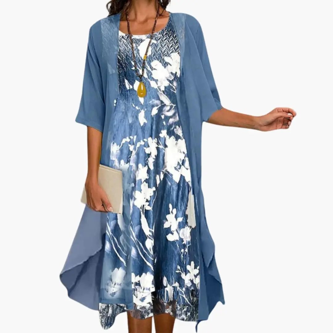 Women's Floral Print Midi Dress with Matching Cardigan - photo 1