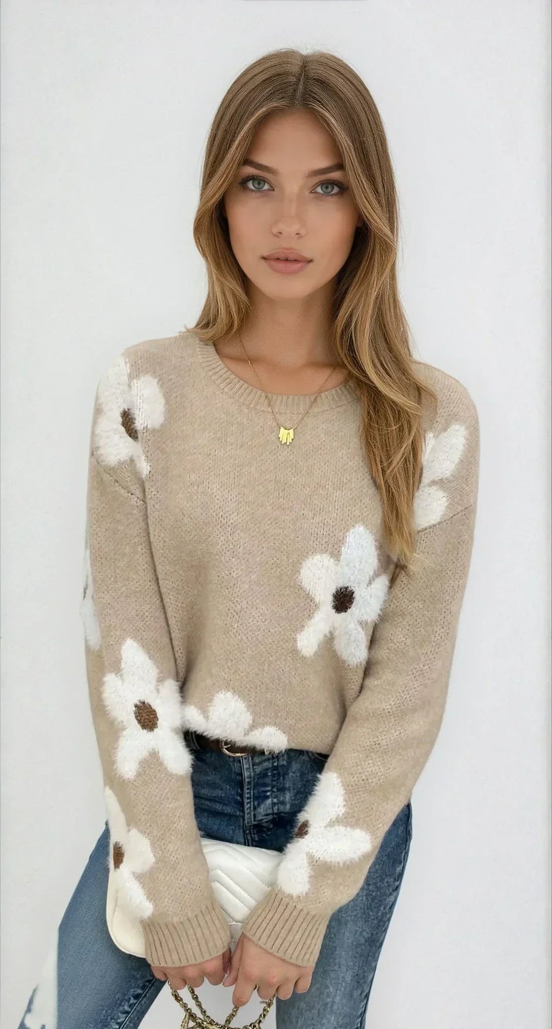 Women's Floral Print Knitted Jumper with Relaxed Fit - photo 1
