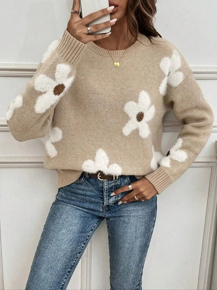 Women's Floral Print Knitted Jumper with Relaxed Fit - photo 2
