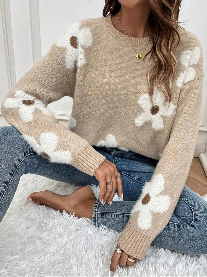 Women's Floral Print Knitted Jumper with Relaxed Fit - photo 4