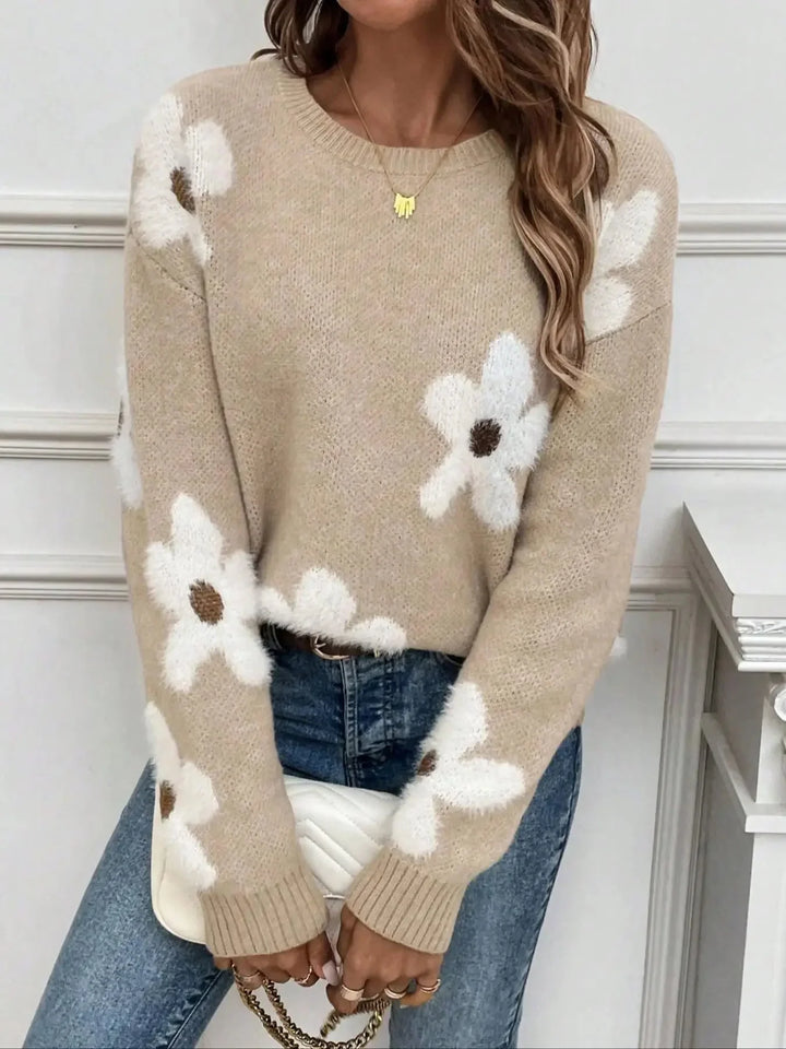 Women's Floral Print Knitted Jumper with Relaxed Fit - photo 5