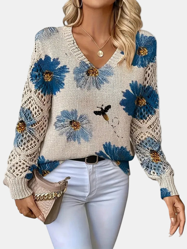 Women's Floral Print Knitted Jumper with V-Neck - photo 1