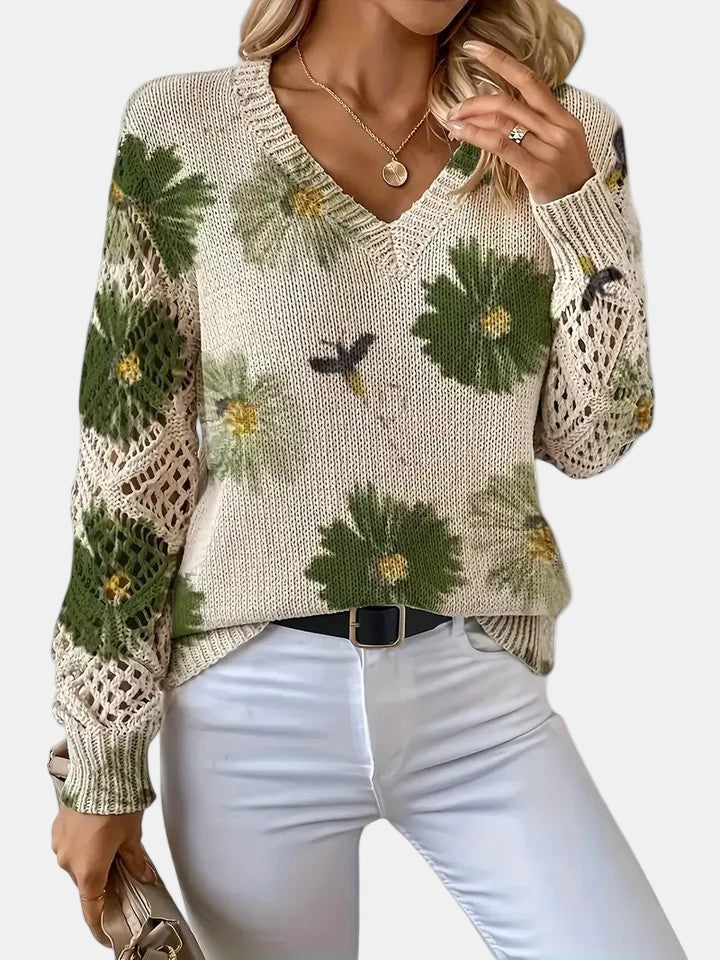 Women's Floral Print Knitted Jumper with V-Neck - photo 11