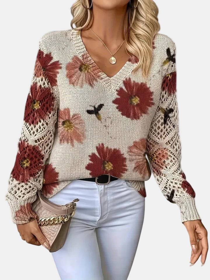 Women's Floral Print Knitted Jumper with V-Neck - photo 2