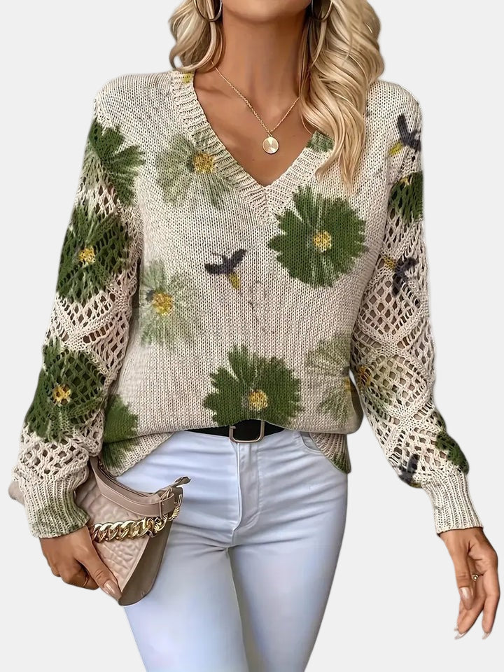 Women's Floral Print Knitted Jumper with V-Neck - photo 3