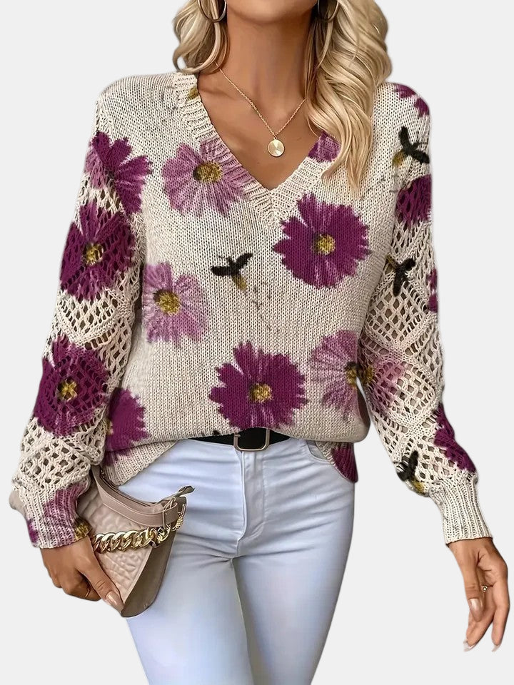 Women's Floral Print Knitted Jumper with V-Neck - photo 4