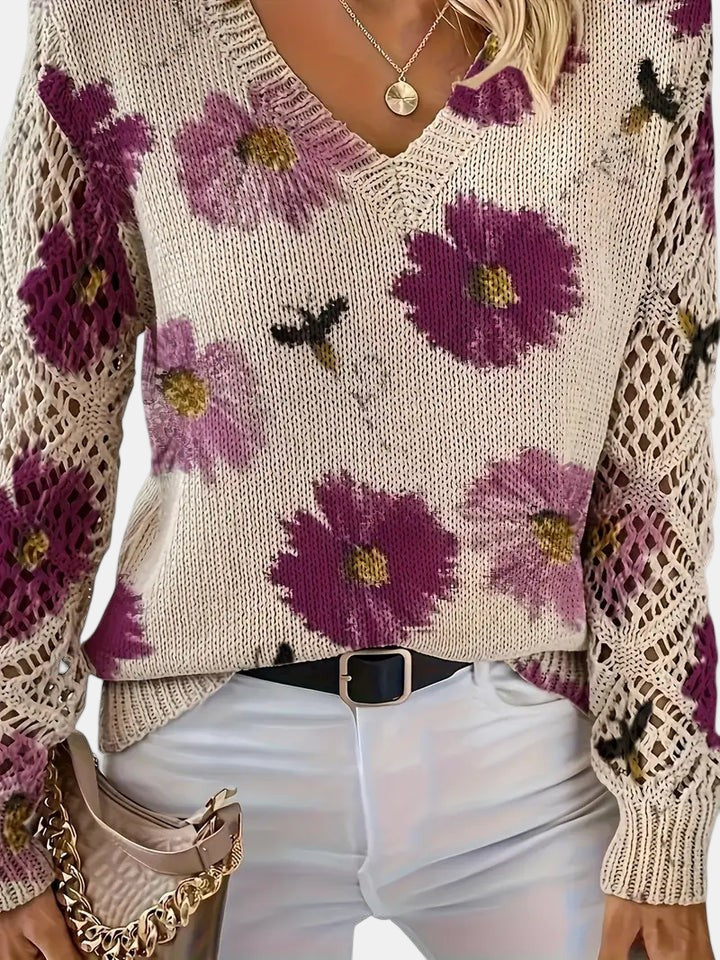 Women's Floral Print Knitted Jumper with V-Neck - photo 5
