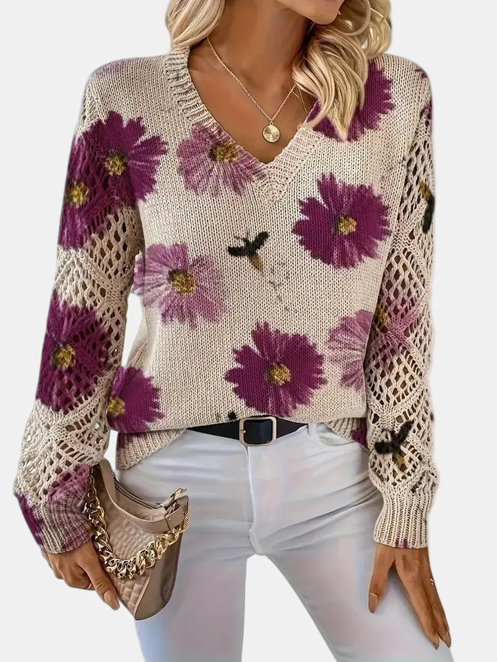 Women's Floral Print Knitted Jumper with V-Neck - photo 6