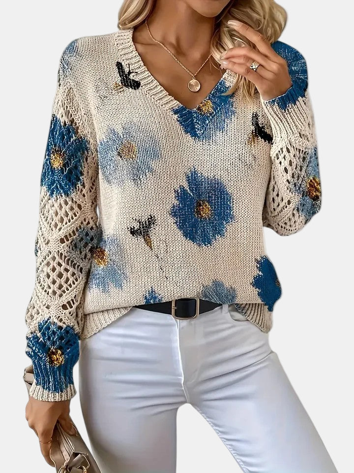 Women's Floral Print Knitted Jumper with V-Neck - photo 7