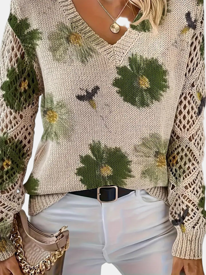 Women's Floral Print Knitted Jumper with V-Neck - photo 8