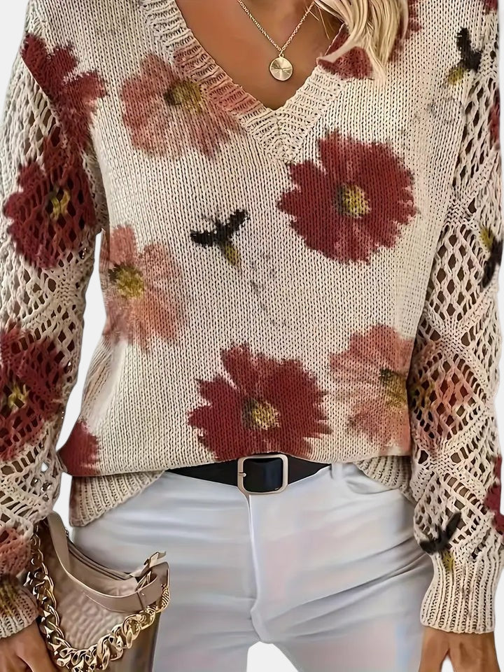 Women's Floral Print Knitted Jumper with V-Neck - photo 9