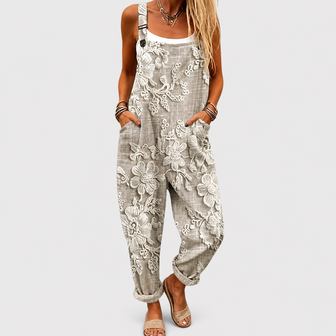 Women's Floral Print Relaxed Jumpsuit with Side Pockets in Grey - photo 1