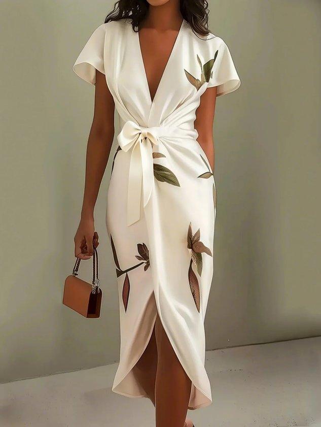 Women's Floral Print Wrap Midi Dress with Tie Belt - photo 1