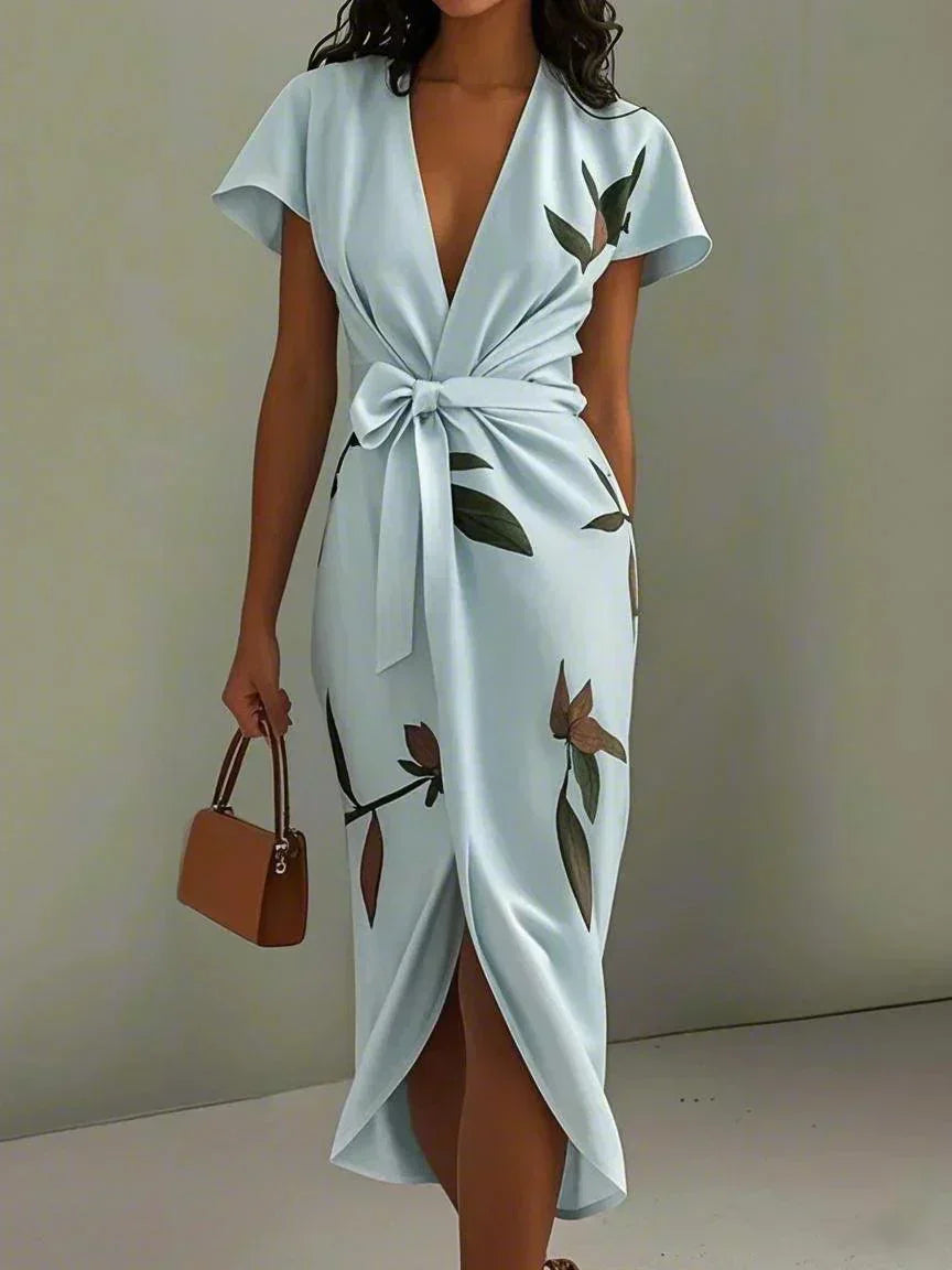 Women's Floral Print Wrap Midi Dress with Tie Belt - photo 2
