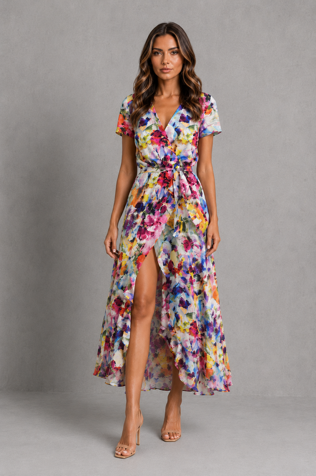 Women's Floral Wrap Midi Dress with Front Split - photo 1