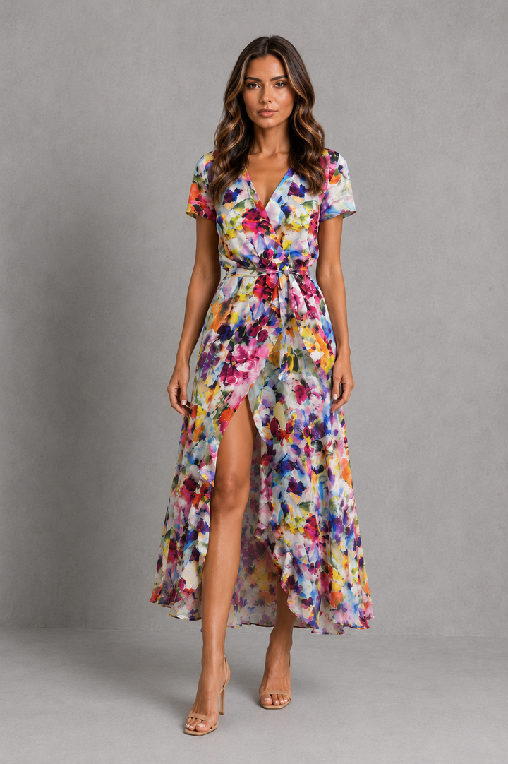 Women's Floral Wrap Midi Dress with Front Split - photo 1