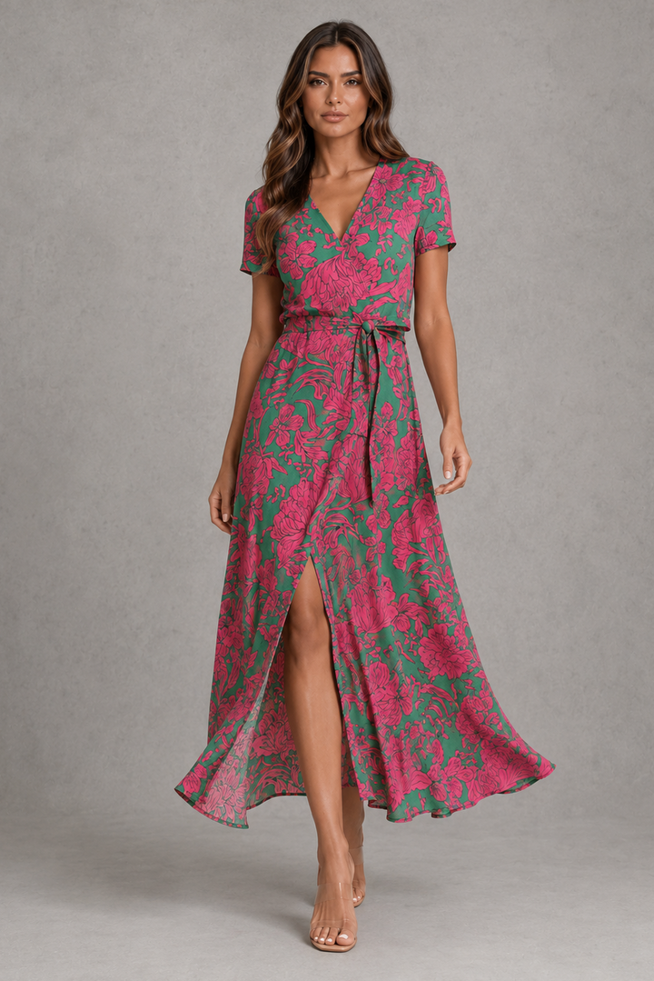 Women's Floral Wrap Midi Dress with Front Split - photo 5