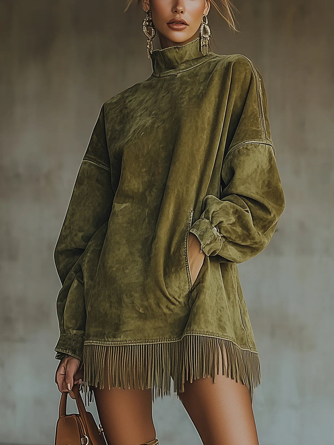 Women's Flowing Fringed Midi Dress with Roll Neck - photo 1