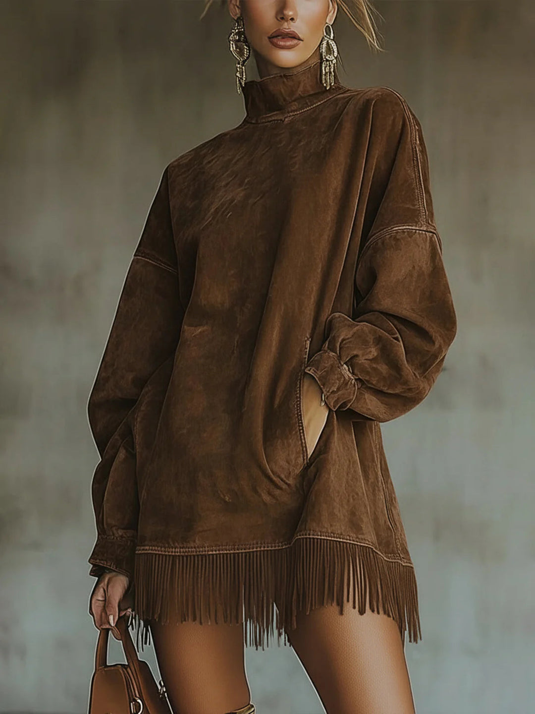 Women's Flowing Fringed Midi Dress with Roll Neck - photo 2