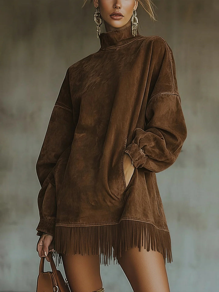 Women's Flowing Fringed Midi Dress with Roll Neck - photo 2