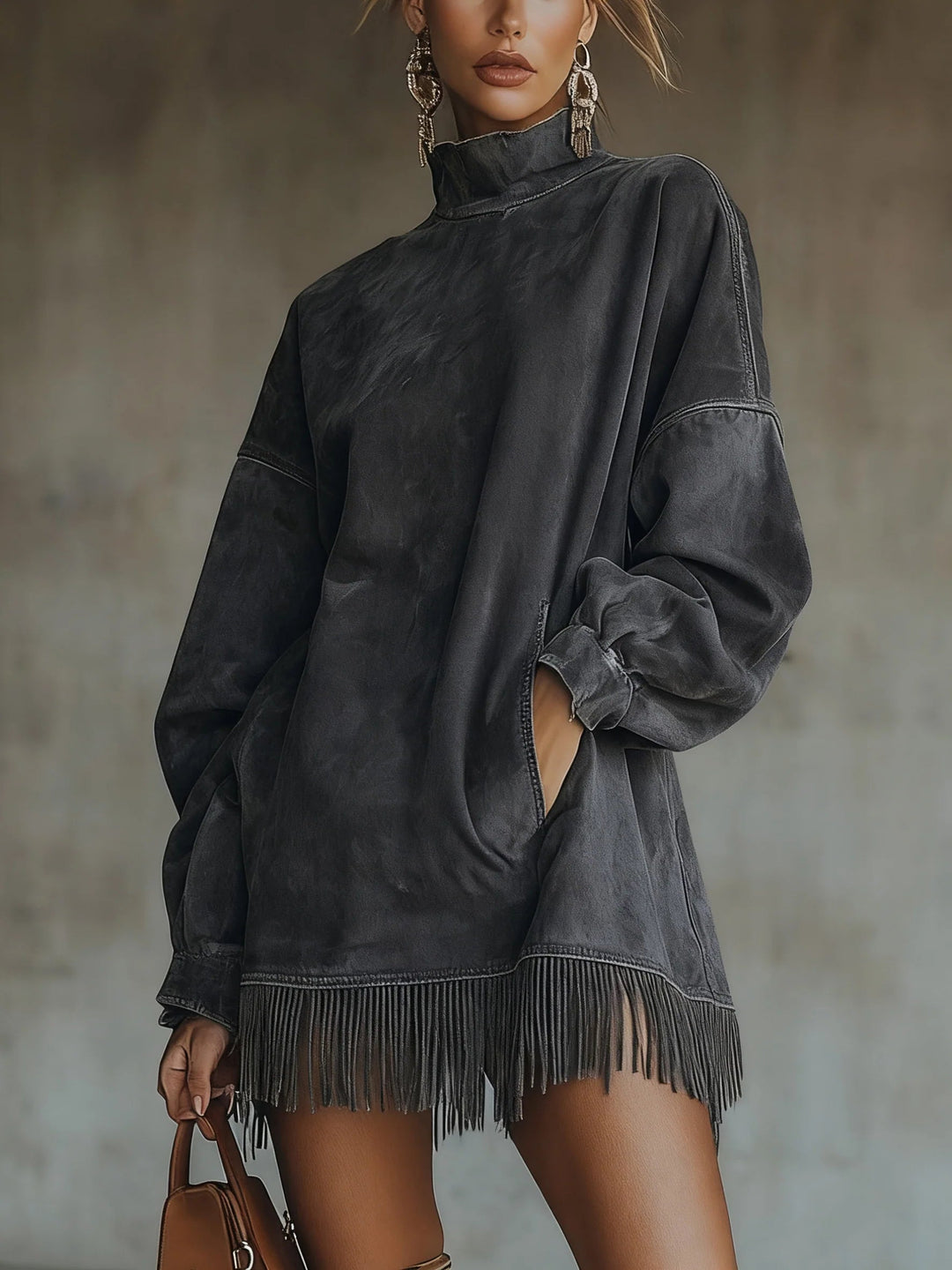 Women's Flowing Fringed Midi Dress with Roll Neck - photo 3