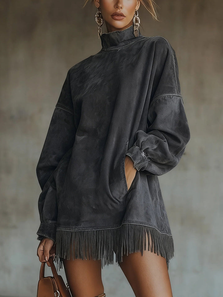 Women's Flowing Fringed Midi Dress with Roll Neck - photo 3