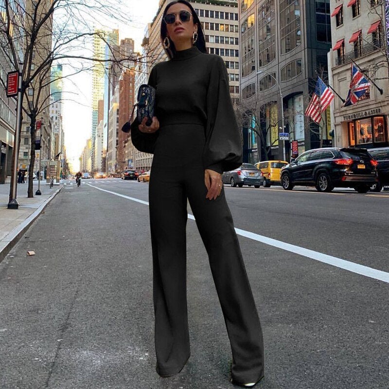 Women's High Neck Balloon Sleeve Wide-leg Jumpsuit - photo 4