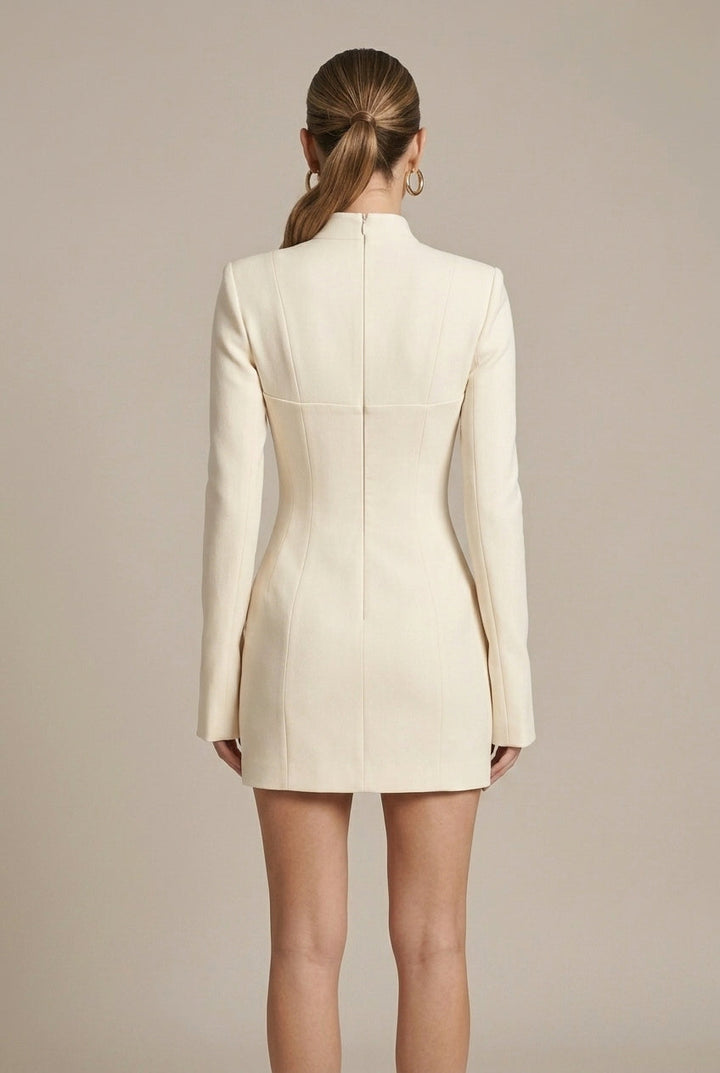 Women's High Neck Long Sleeve Structured Mini Dress with Pockets - photo 3