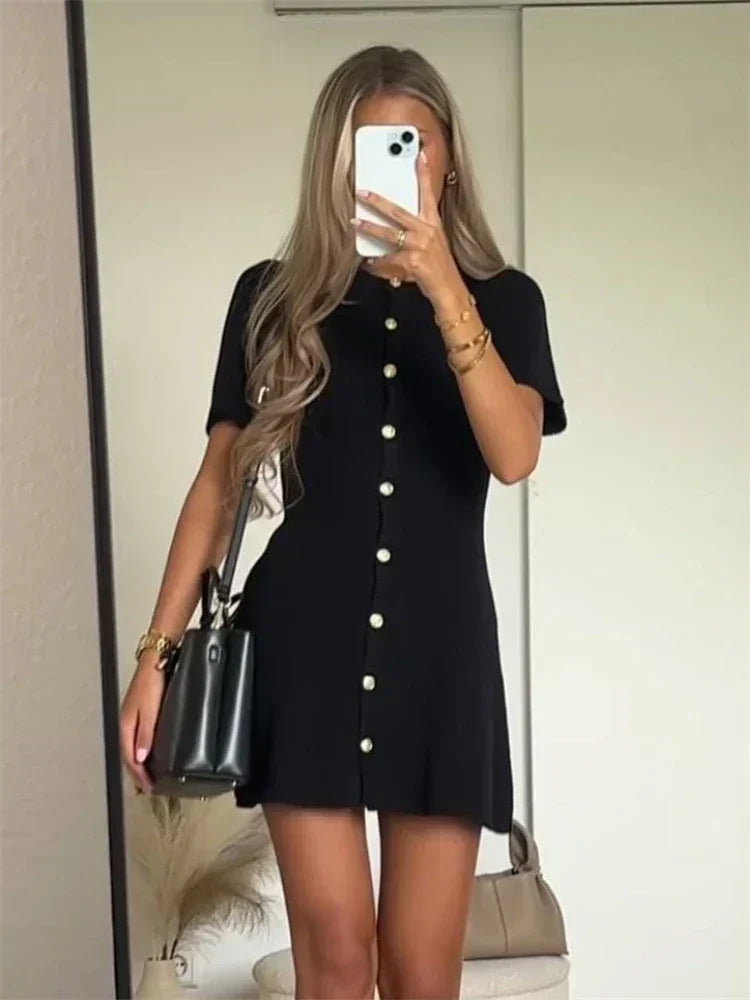 Women's Knit Mini Dress with Buttons and Short Sleeves - photo 2