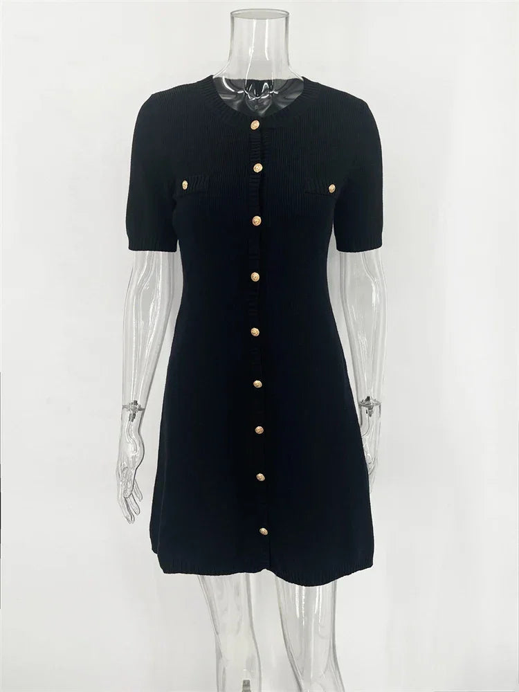 Women's Knit Mini Dress with Buttons and Short Sleeves - photo 3