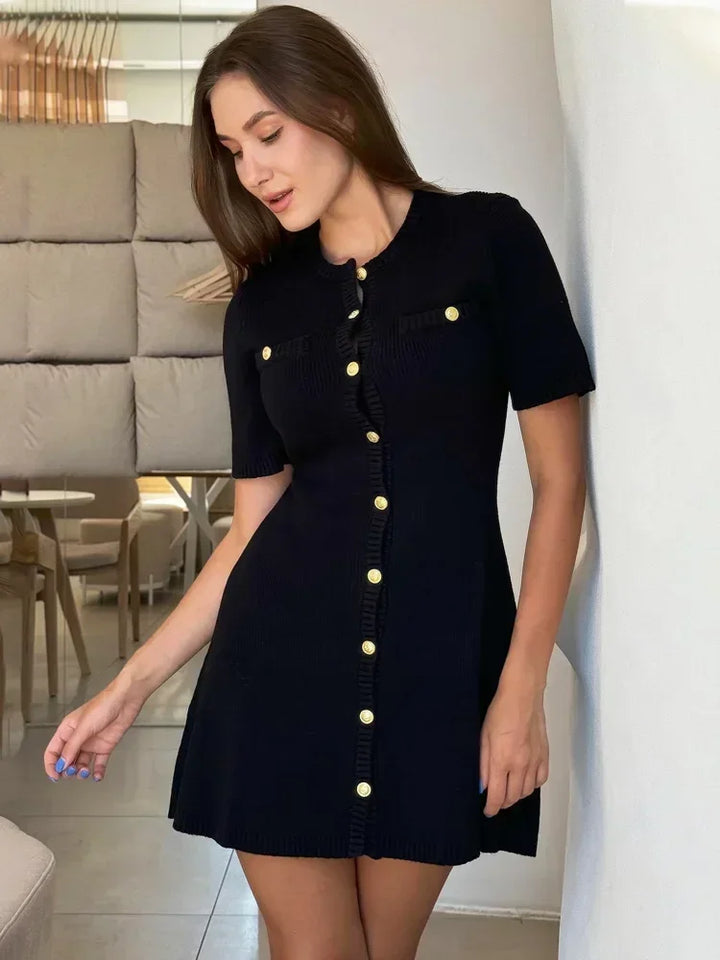 Women's Knit Mini Dress with Buttons and Short Sleeves - photo 5