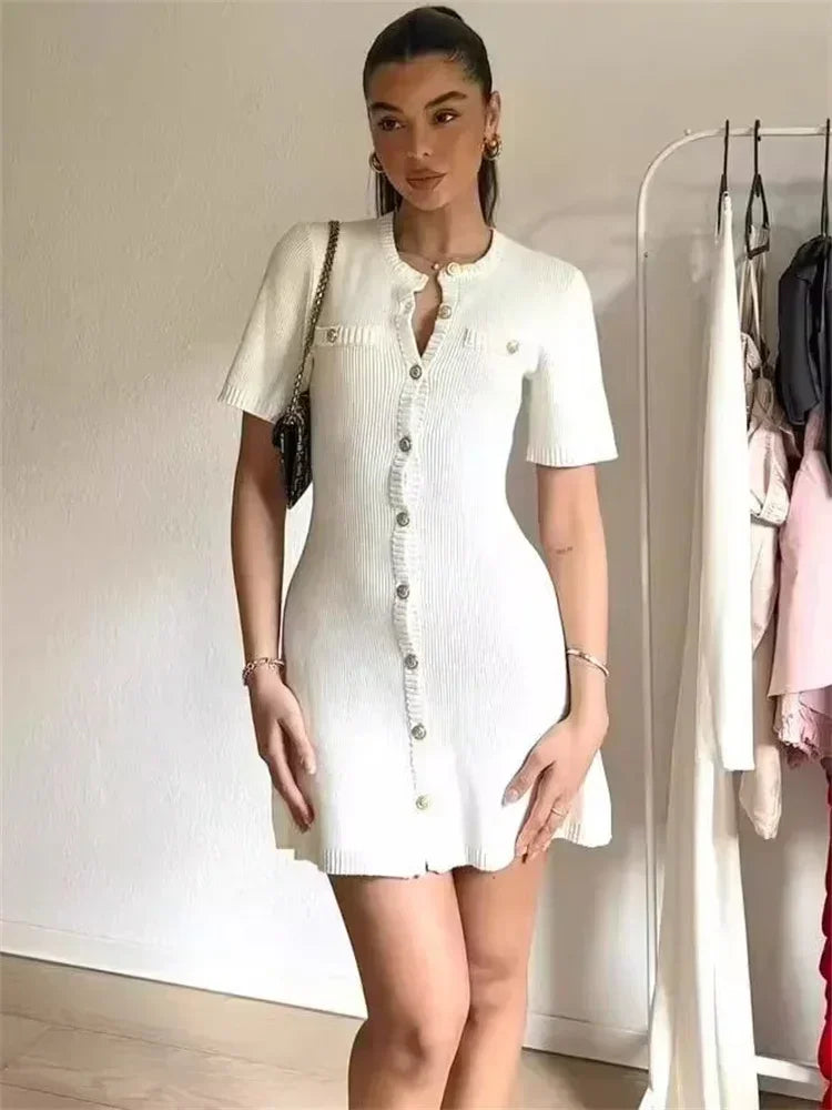 Women's Knit Mini Dress with Buttons and Short Sleeves - photo 6