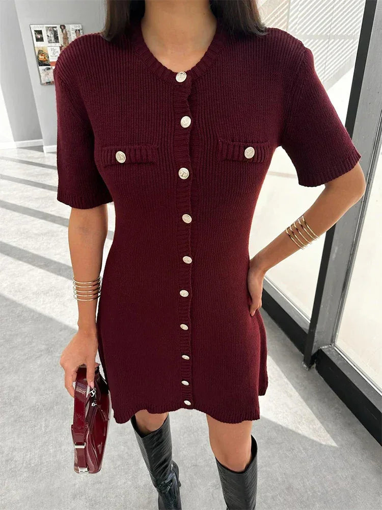 Women's Knit Mini Dress with Buttons and Short Sleeves - photo 8