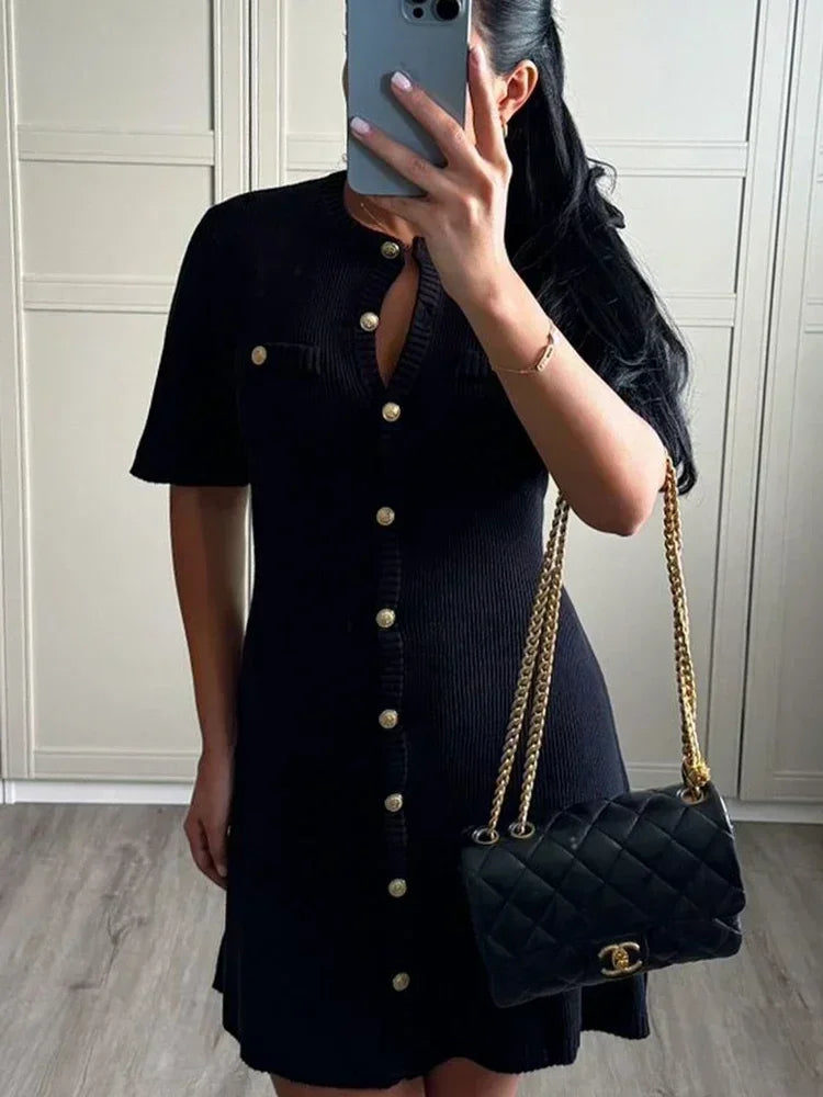 Women's Knit Mini Dress with Buttons and Short Sleeves - photo 9