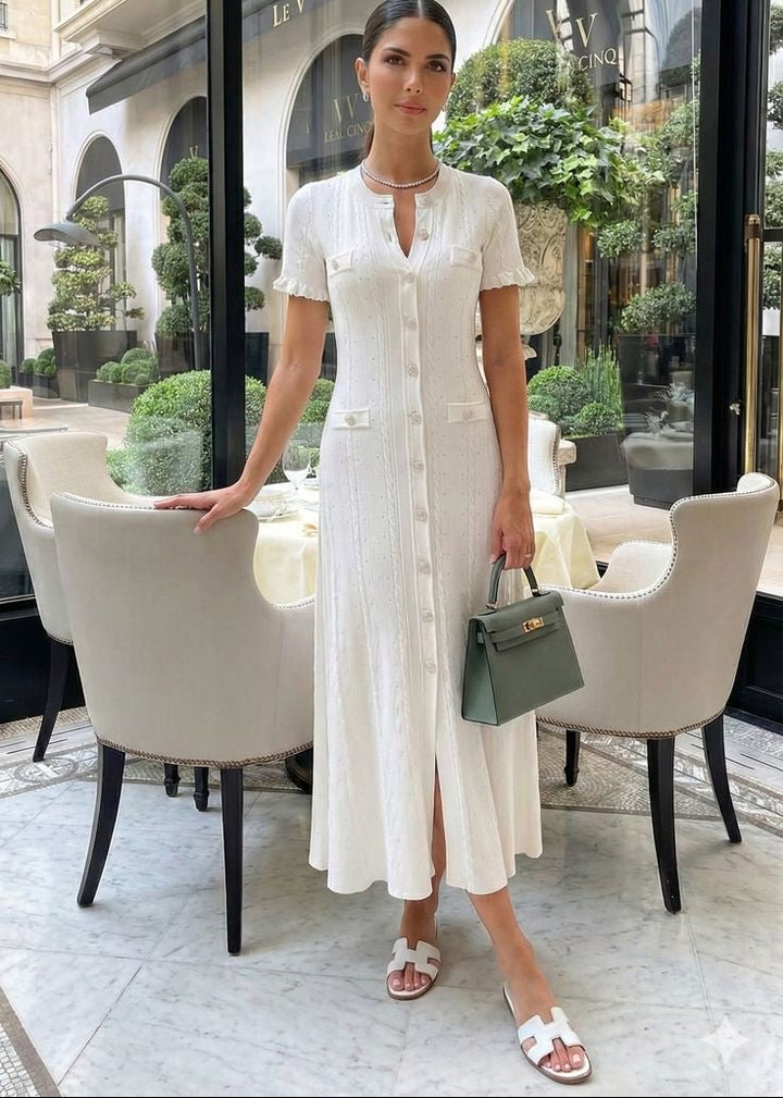 Women's Knitted Button-Front Midi Dress with Short Sleeves - photo 1