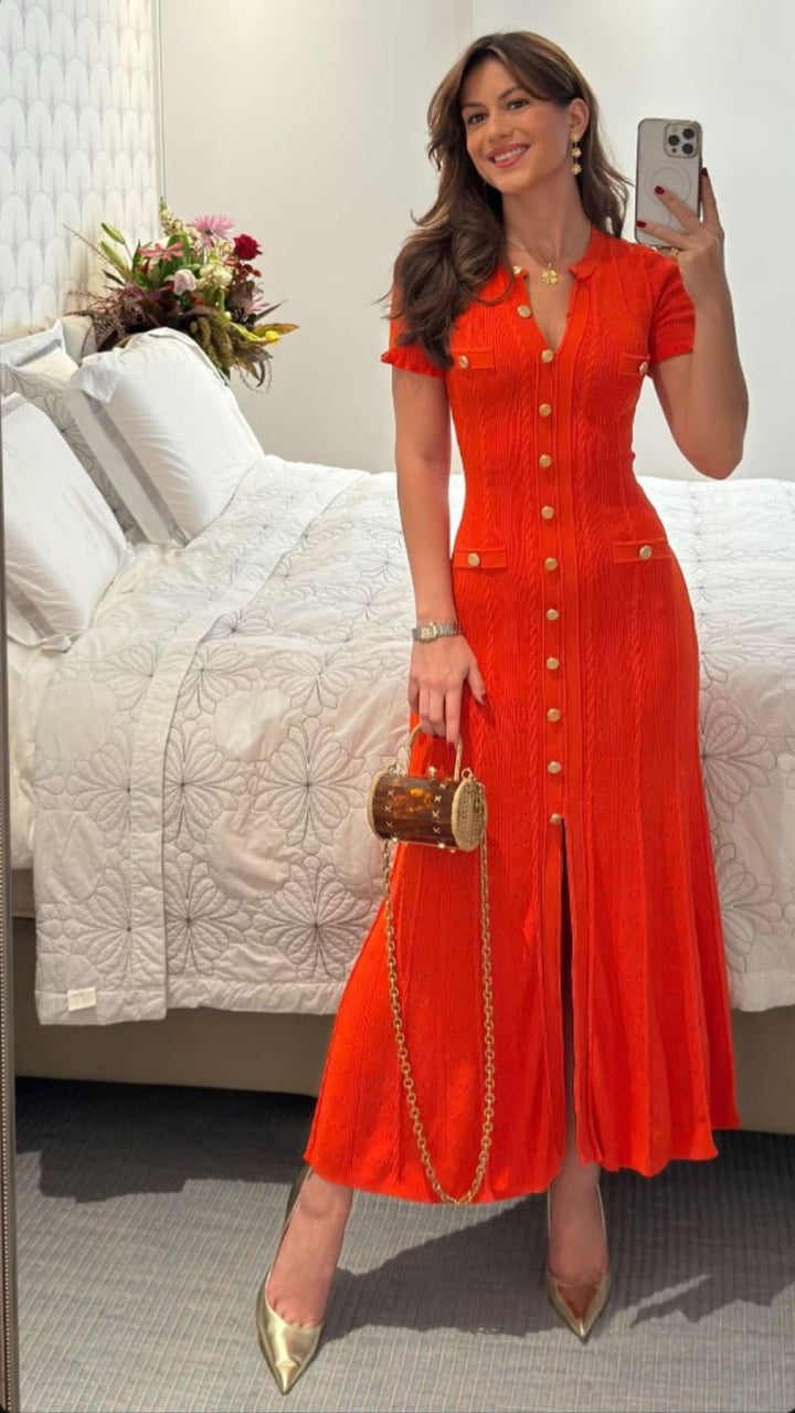 Women's Knitted Button-Front Midi Dress with Short Sleeves - photo 11